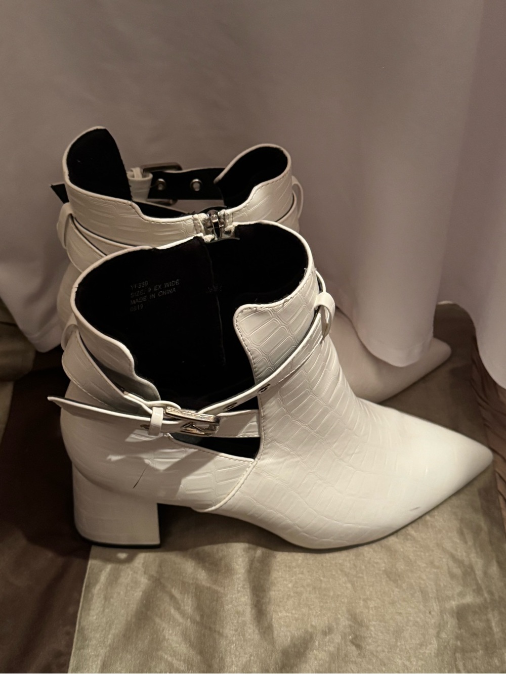White Croc-Embossed Pointed Ankle Booties with Buckle Strap